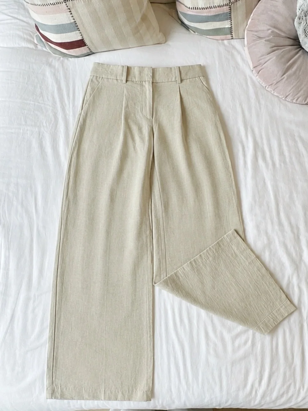 H&M Linen Blend Beige Wide Leg Pleated Trousers US 4